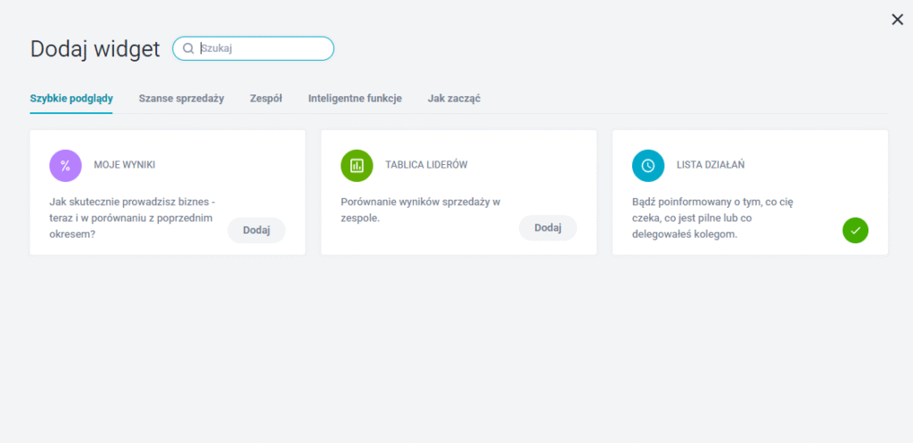 Konfiguracja widgetów w systemie CRM.