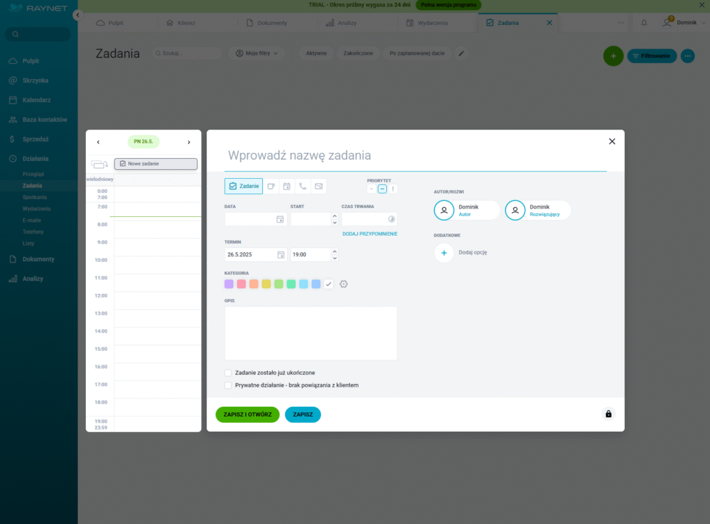 Dodawanie zdarzeń w aplikacji CRM.