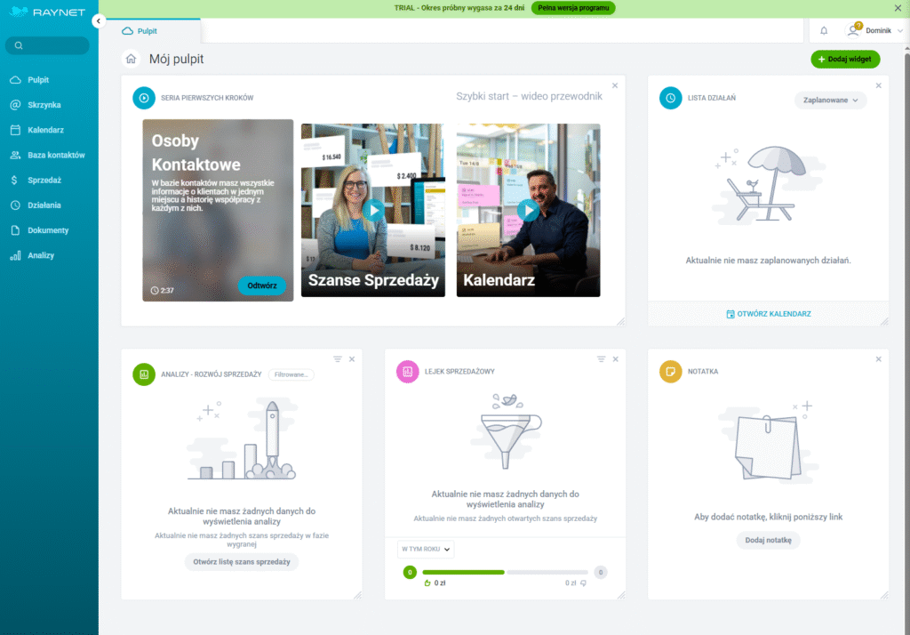 Przykładowy kokpit mobilnej aplikacji CRM – Raynet CRM.