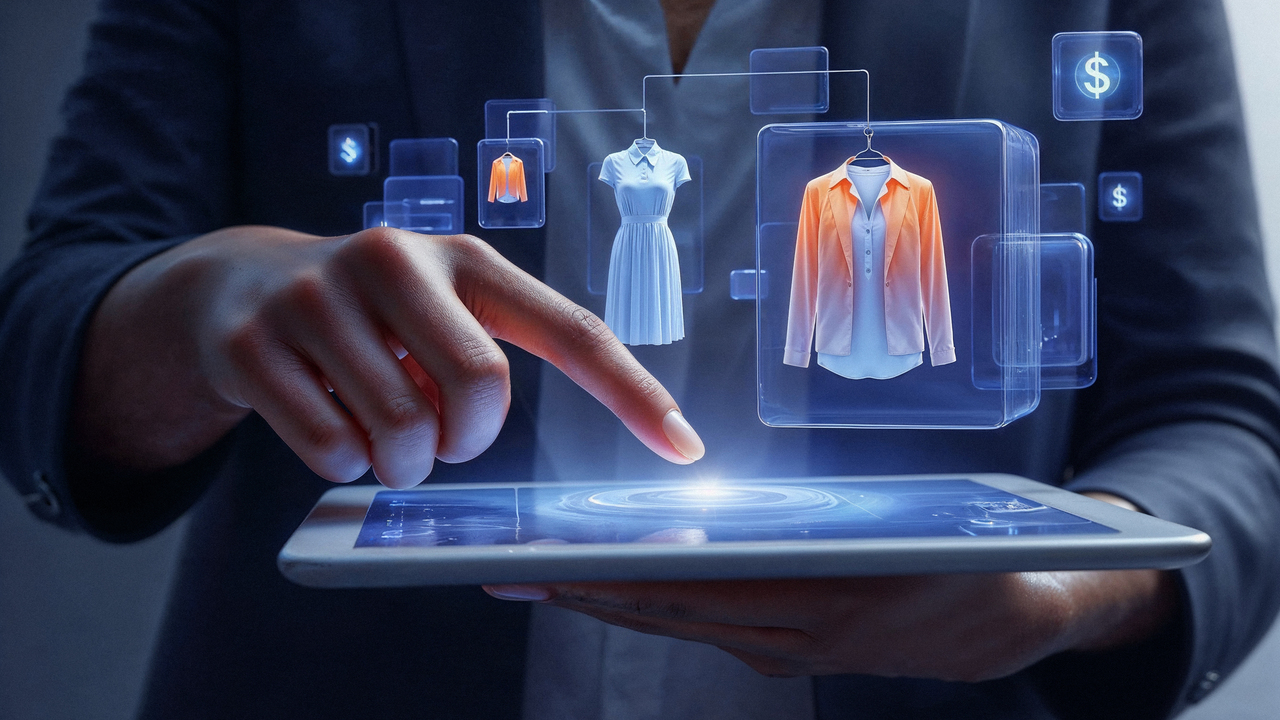 Osoba korzystająca z tabletu, na którym wyświetlane są hologramy ubrań w wirtualnym sklepie. Technologia rozszerzonej rzeczywistości w e-commerce – przeglądanie odzieży online.