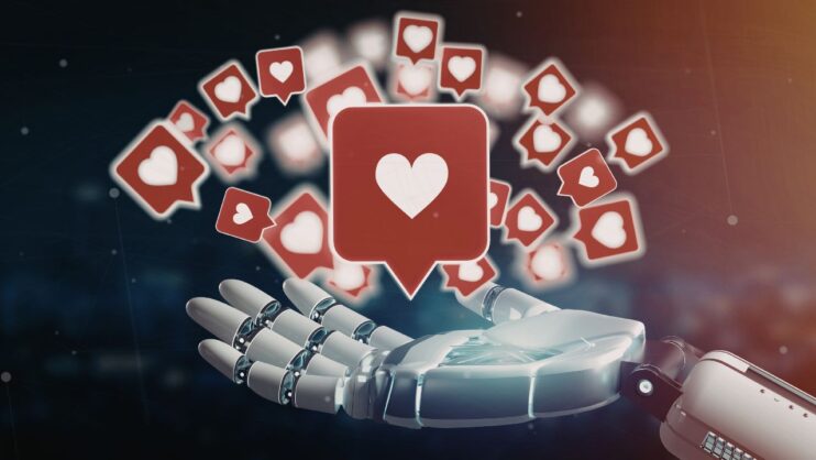 grafika ręka robota a nad nią serduszka symbolizujące lajki w social mediach